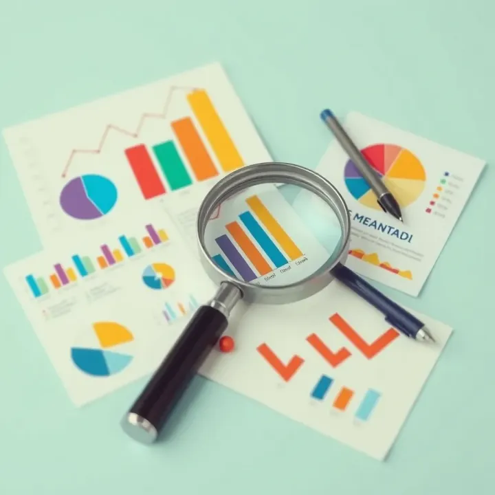 Essential Instruments for In-Depth Market Research Illustration of key market research tools including charts, magnifying glass, and data sheets