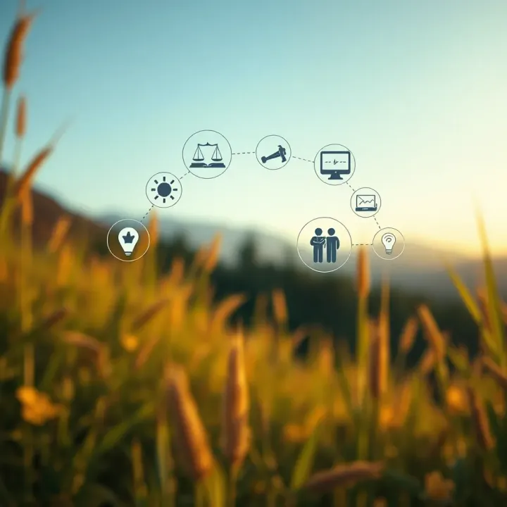 Illustration of interconnected icons representing sustainability strategies, legal frameworks and organizational roles