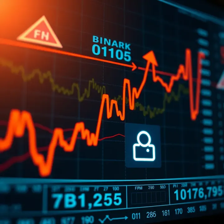 Graph showing upward trends and binary options signal icons on digital interface
