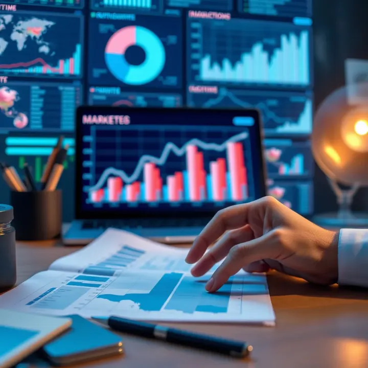 Business person interpreting market research charts and statistics