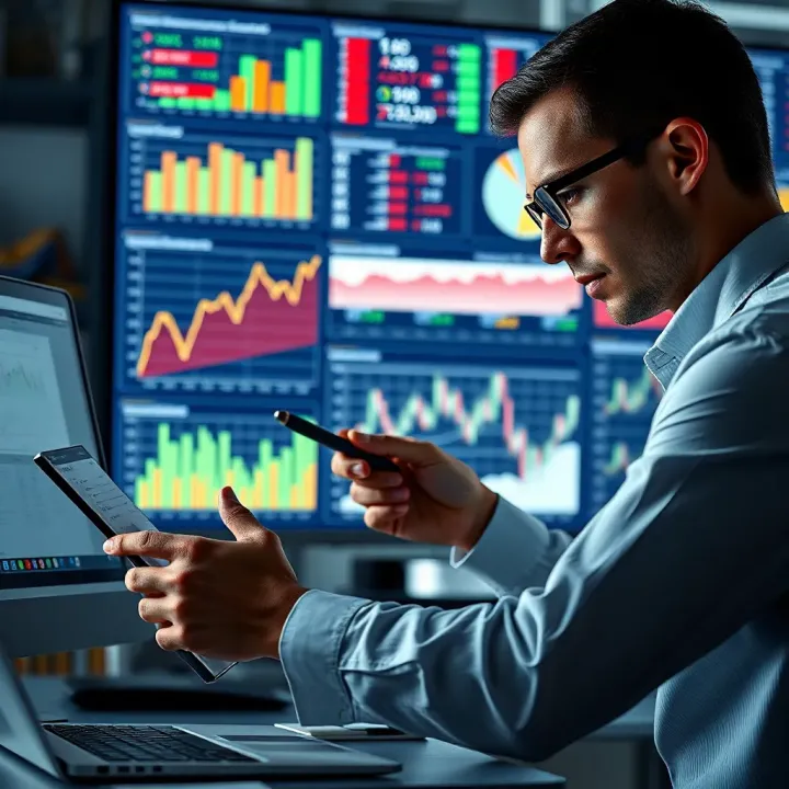 Analyzing Economic Data to Improve Investment Strategies Investor analyzing economic data charts and graphs to enhance investment strategies