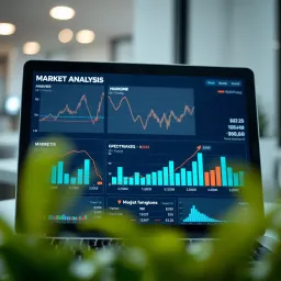 Chart showing market trends and analysis data with various business icons