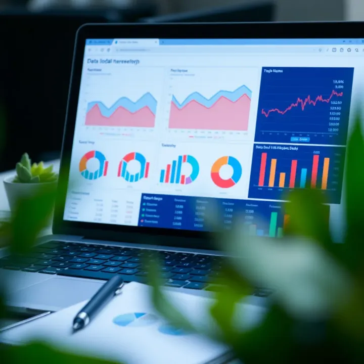 Detailed market research data analysis on a laptop screen with charts and graphs