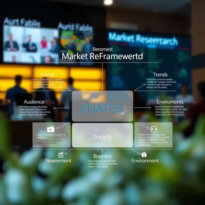 Diagram illustrating key components of market research including audience, trends, and business environment