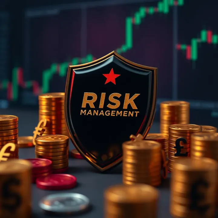 Concept of risk management in financial trading with protective shield and currency symbols