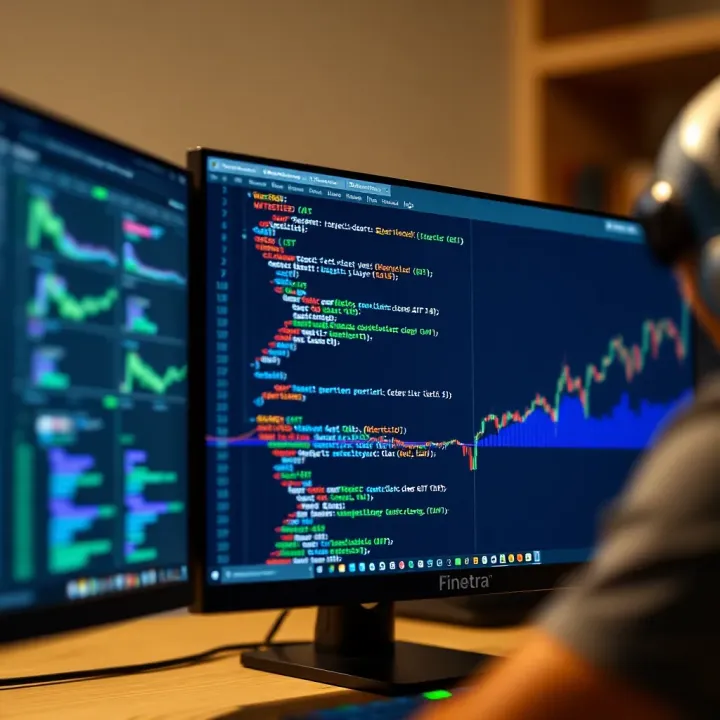 Computer screen displaying code and graphs used for testing a binary options trading robot