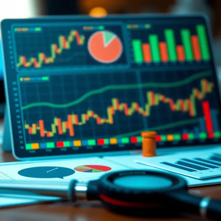 Illustration of tools used in financial market analysis including charts and evaluation metrics