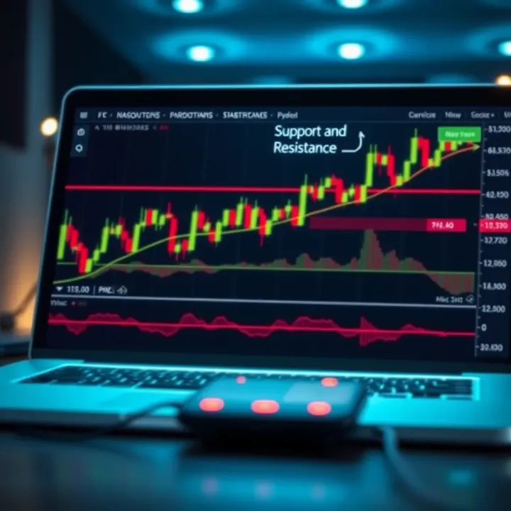 Binary options trading interface highlighting key support and resistance zones with price movements