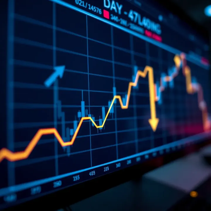 Graph showing binary options trading concept with upward and downward arrows