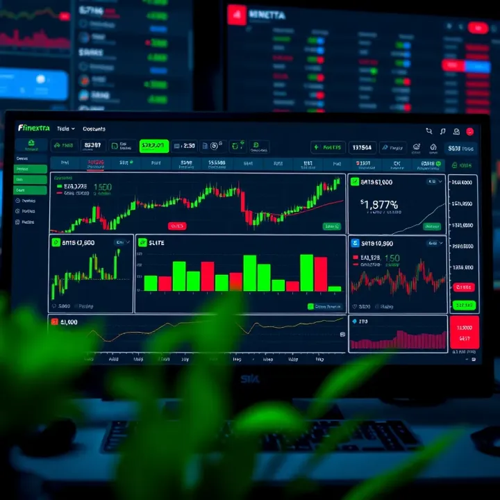 Dashboard of a financial trading platform displaying a demo account interface with various stock charts and indicators