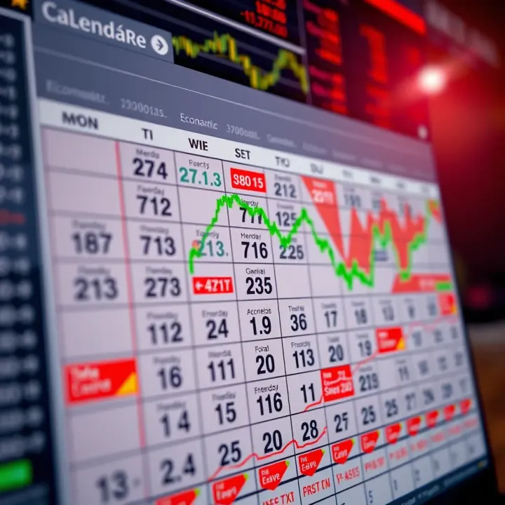 Calendar displaying key economic events and data releases with financial charts in the background