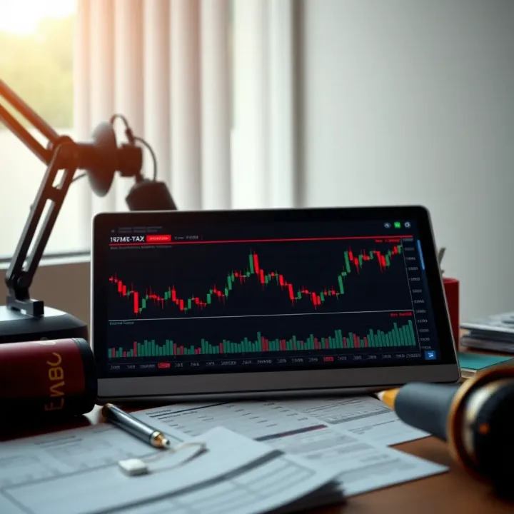 Illustration showing binary options trading charts with tax documents on a desk