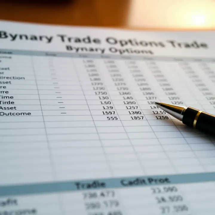 Spreadsheet layout displaying binary options trades with columns for entry time, asset, trade direction, outcome, and profit