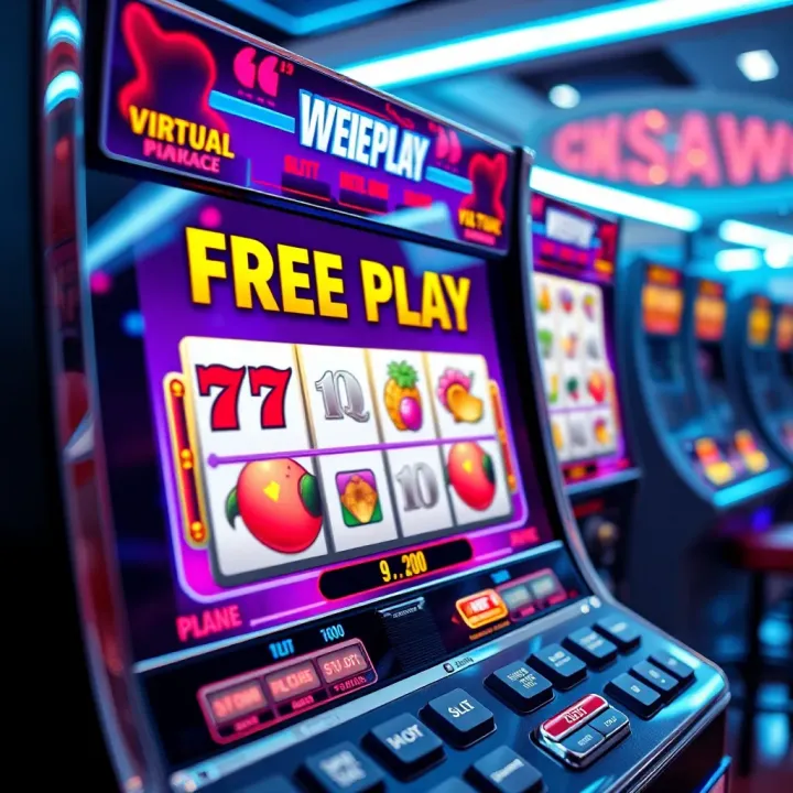 Virtual slot machine displaying free play mode with highlighted benefits and safe gaming icons