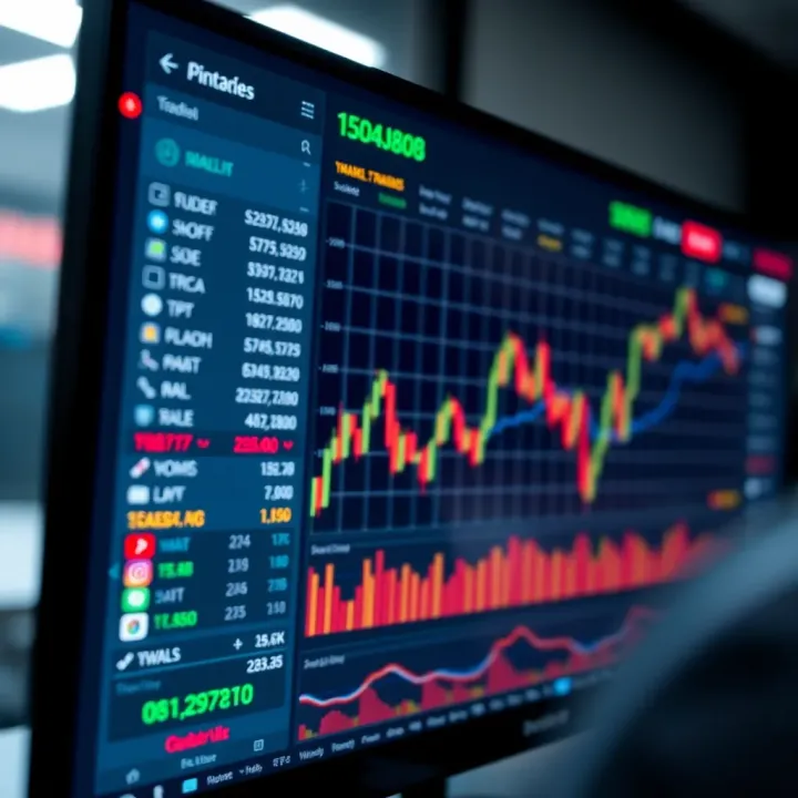 Close-up of a digital screen displaying virtual trading dashboard with market data